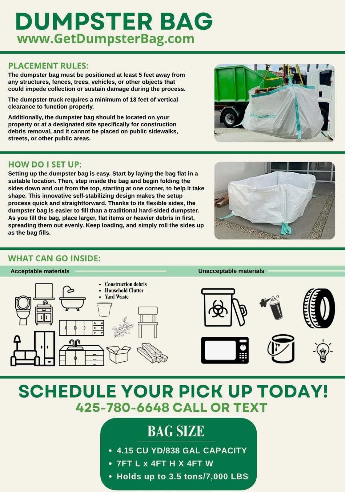 Dumpster Bag Information Flyer - Placement Rules, Setup Instructions, Acceptable Materials, and Bag Specifications